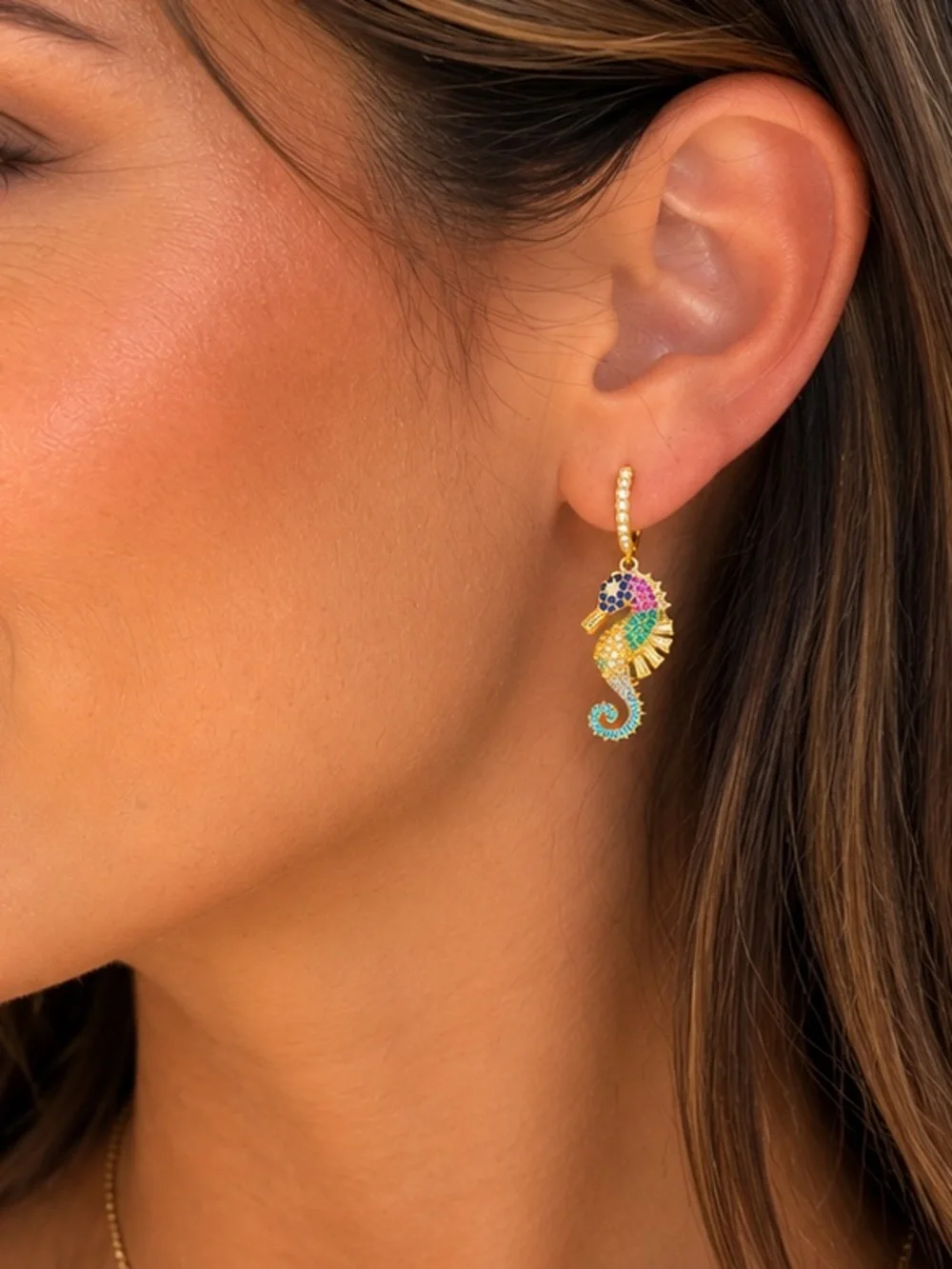 14k Multigem Seahorse Drop Hoop Earrings